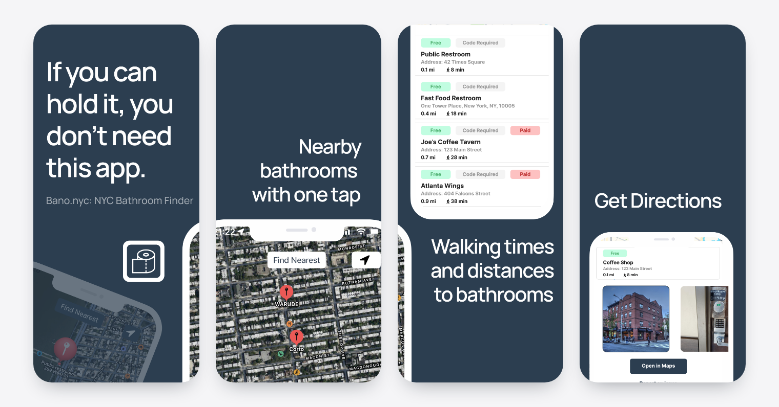 Four Bano iPhone App Store screenshots: the intro screen, nearby bathrooms on a map, walking times and distances, and directions to a bathroom
